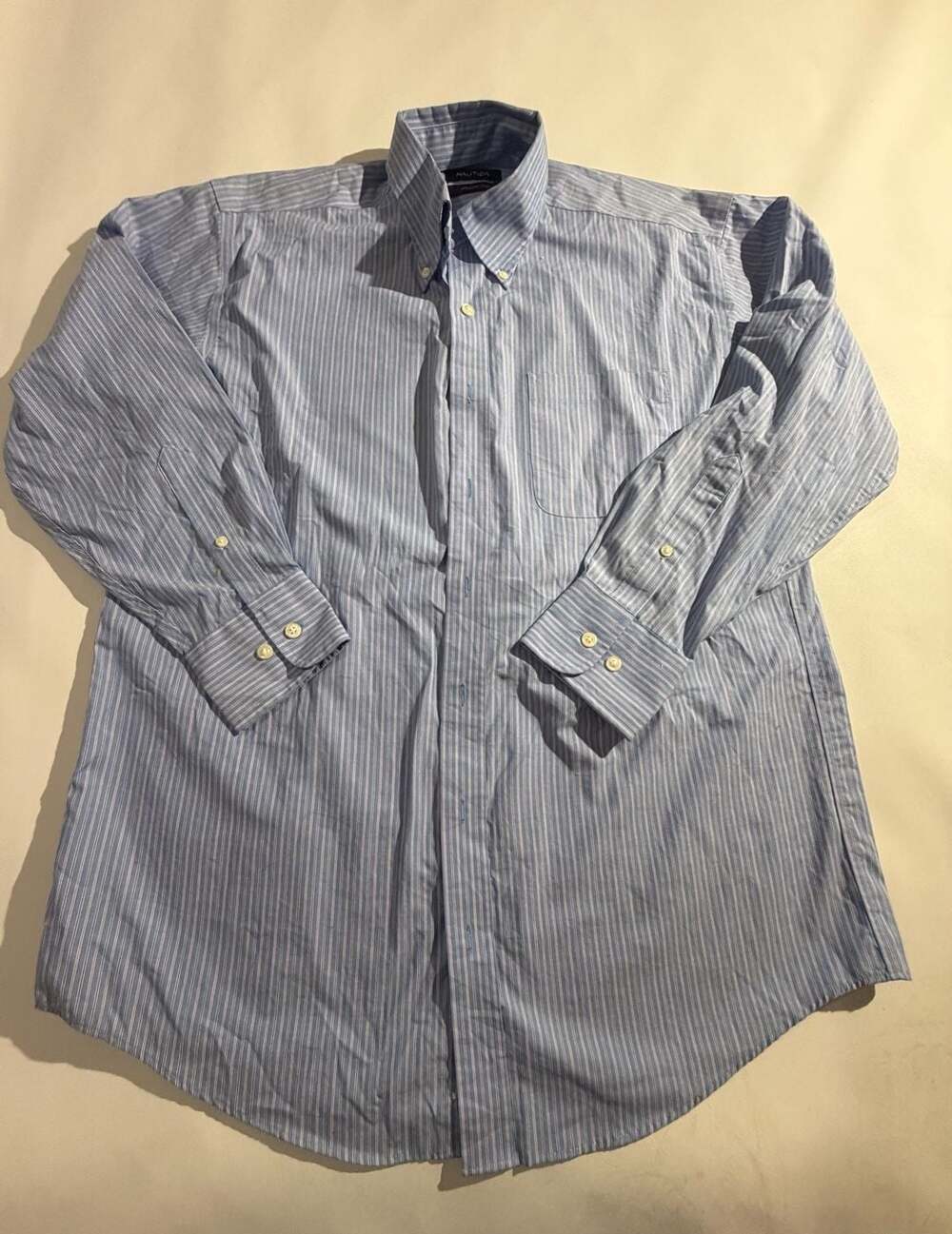 Nautica Mens Blue Striped Wrinkle Free Button Down Dress Shirt